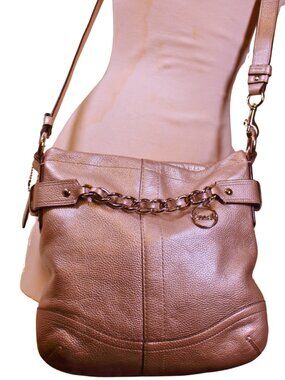 Coach Champagne Metallic Leather Chain Accent Crossbody Shoulder Bag